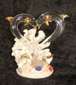 Hand Blown glass cake top w/Dolphins in heart shape, from Key West