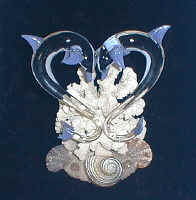 Hand Blown glass cake top w/Dolphins in heart shape, from Key West