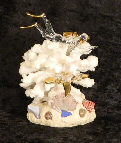 Hand Blown glass Diver W/Turtle on coral w/22 kt gold accents    