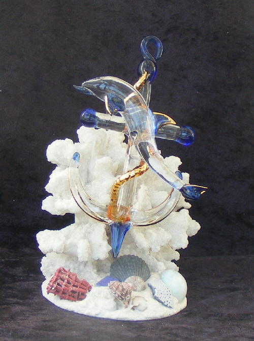 Hand Blown Glass Anchor/Dolphin  on Coral with 22kt Gold accents