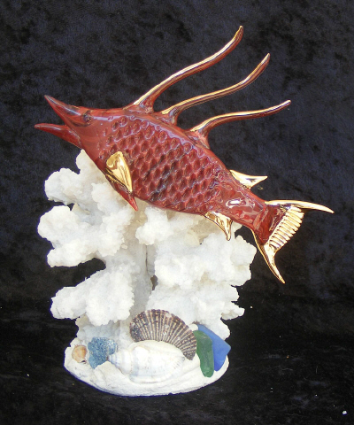 Hand Blown Glass Nautical Hogfish on Coral with 22kt Gold accents