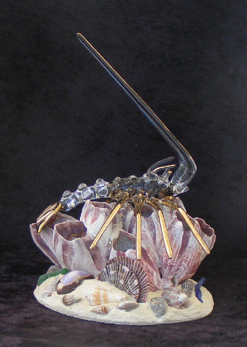 Hand Blown Glass Lobster on Babnical with 22kt Gold accents