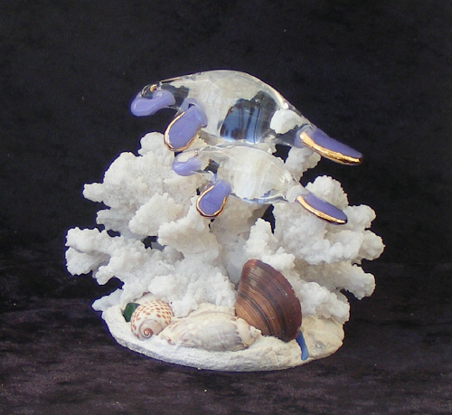 Hand Blown Glass Manatee  on Coral with 22kt Gold accents