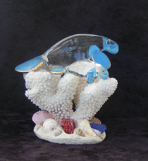 Hand Blown Glass Manatee on Coral with 22kt Gold accents