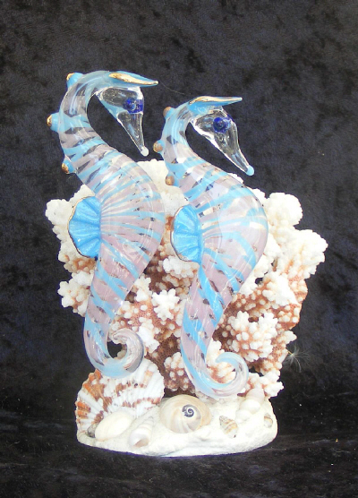 Hand Blown Glass Nautical Seahorses  on Coral with 22kt Gold accents